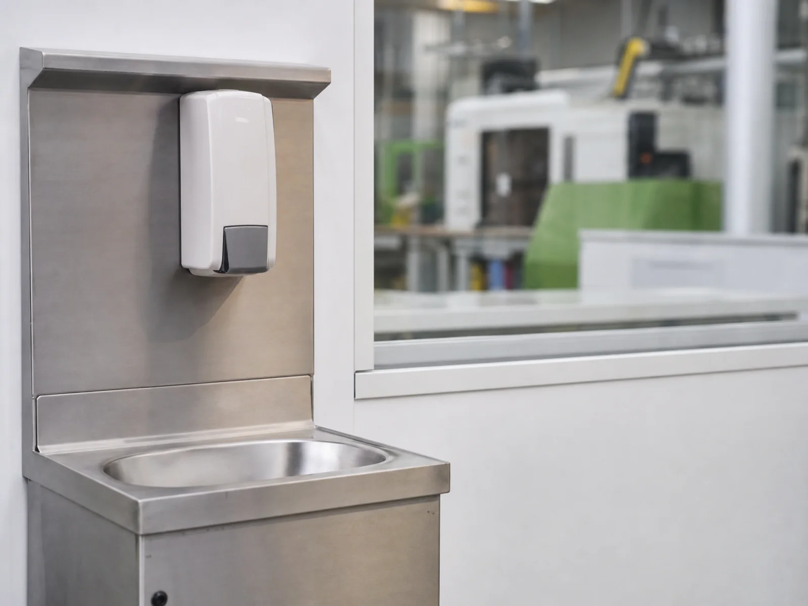 Edelstahl-Hygienestation vor einem abgetrennten Produktionsbereich