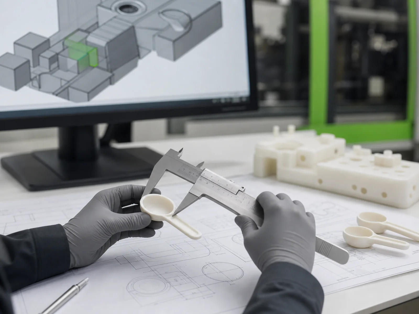 Konstruktion am Bildschirm mit Werkzeugbezug und Prototyp