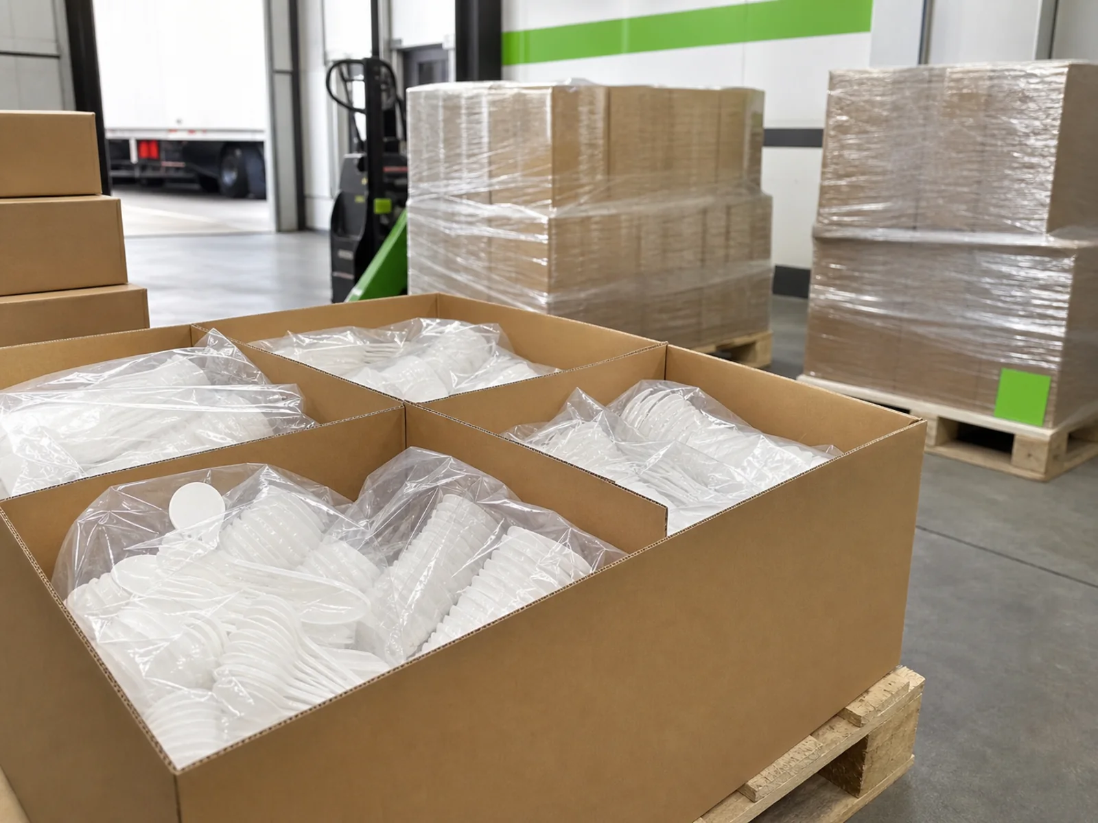 Verpackte Ware in Kartons auf Paletten im Versandbereich