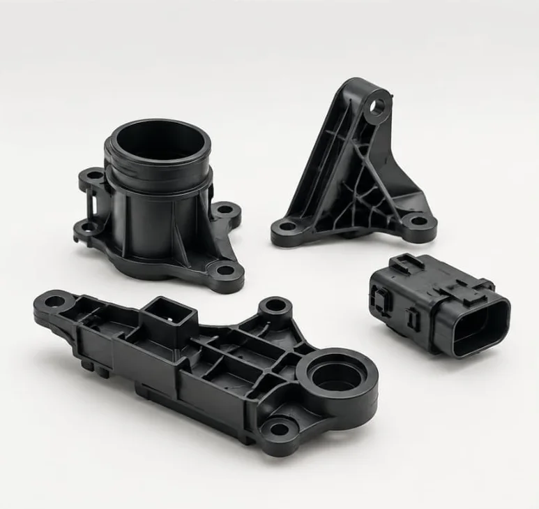 Schwarze technische Kunststoffbauteile aus dem Automotive-Bereich